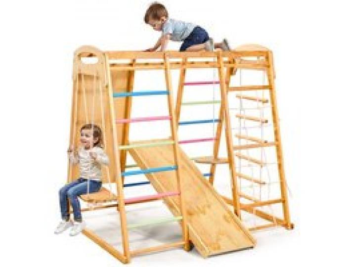 VEVOR Indoor Spielplatz Klettergerüst (9 in 1) aus Holz, 113 kg belastbares Montessori-Kletterspielzeug-Set mit Schaukeln/Klettergerüst/Rutsche/Holzleiter/Strickleiter/Kletternetz/Fels/Stange/Seil
