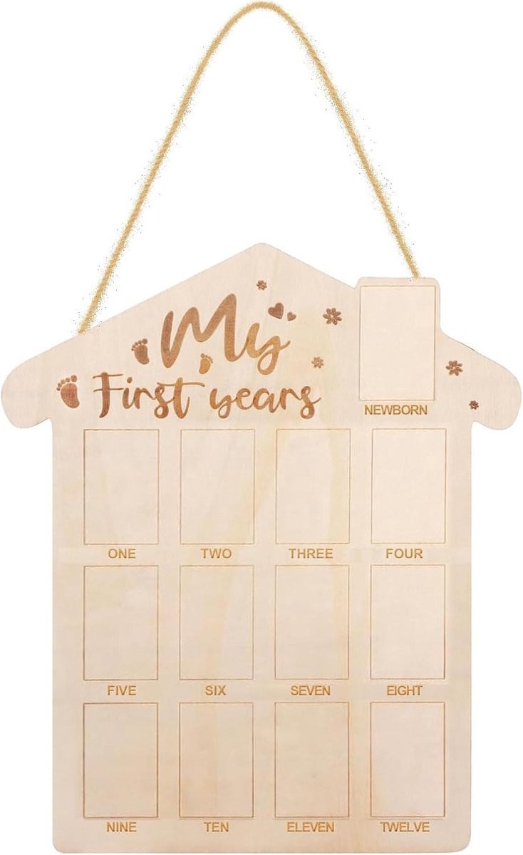Houten Fotolijst Geboorte & Eerste Jaar Baby - Neutraal Houten Plakbord