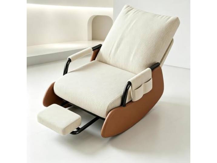 kumamart Wohnzimmersessel Wippend mit Ausziehbarer Fußstütze Ergonomischer Schaukelstuhl mit ausziehbarer Fußstütze und Seitentasche für tägliche Entspannung.