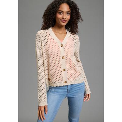 Ajourstrickjacke KANGAROOS, Damen, Gr. 40/42, beige (natur), Feinstrick, Obermaterial: 100% Baumwolle, bequem taillenbedeckt, V-Ausschnitt, Zierbündchen, Strickjacken Ajourstrickjacke, casual Stil, Langarm, bequeme Passform, Ajourstrick