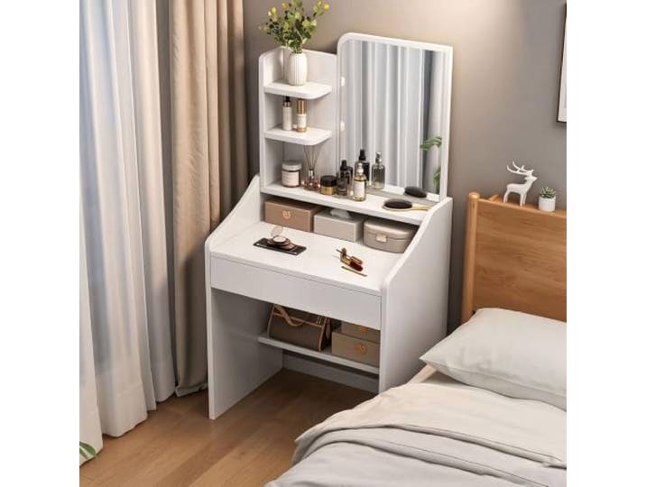 Weißer Schminktisch mit Spiegel Schubladen,moderner kleiner Schminktisch mit Aufbewahrungsschrank und Regalen, staubdichte Aufbewahrung,3-in-1-Make-up-Schminktisch Schlafzimmer(50cm/19.7in)