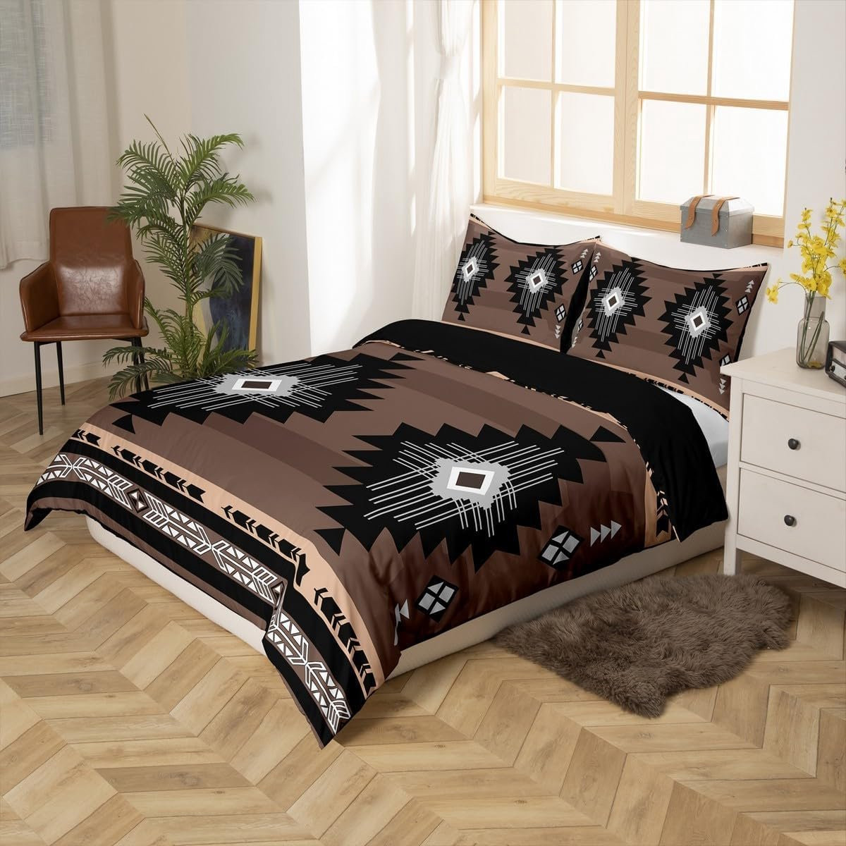 SnelShoppen Boho dekbedovertrek eenpersoons - Azteekse Indiase tribal beddengoedset - Donkergrijs