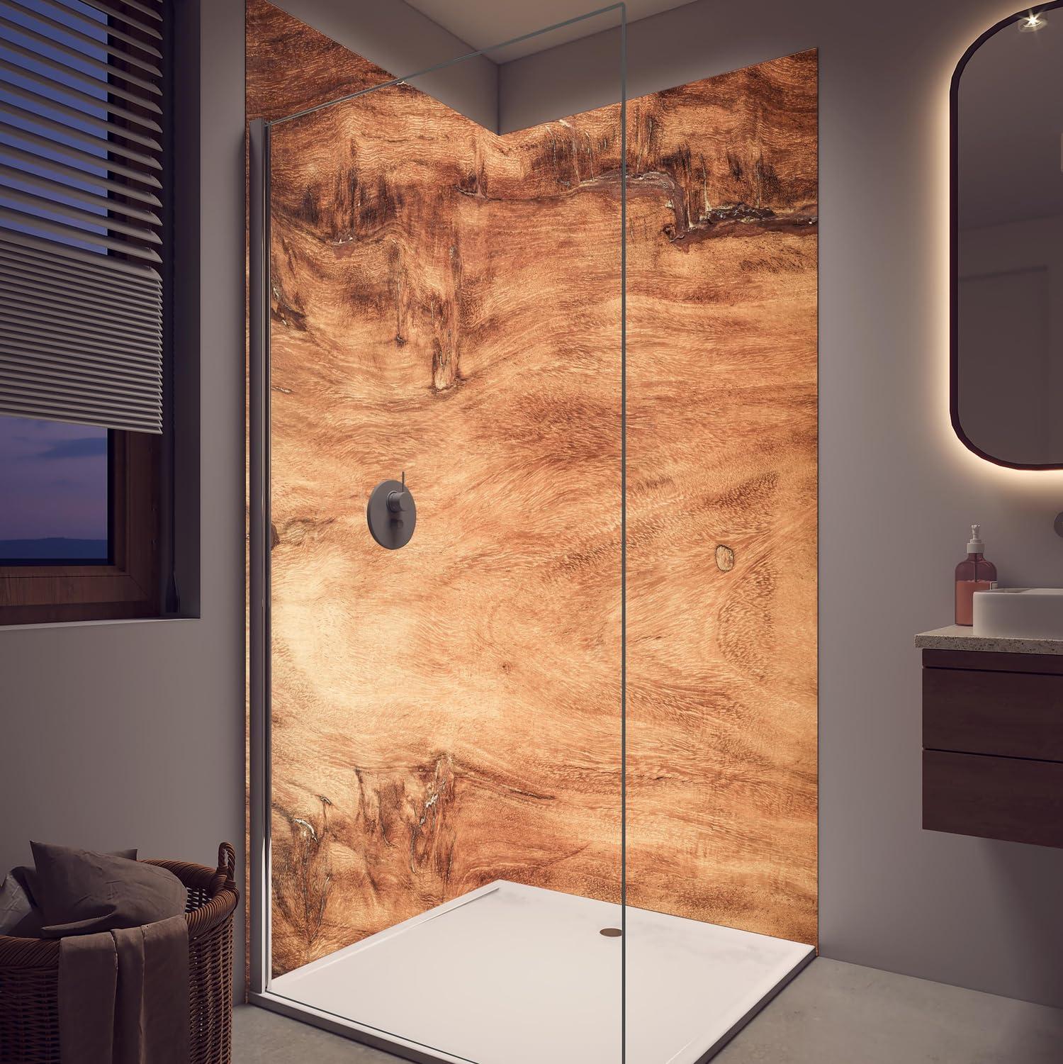 Duschrückwand - Wandverkleidung für Dusche aus Acryl 0,3 cm - 100 x 210 cm - Teakholz mit natürlichem Muster
