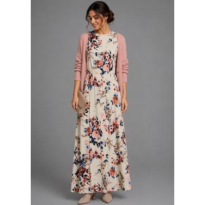 Sommerkleid LAURA SCOTT, Damen, Gr. 42, N-Gr, ohne Ärmel, Single Jersey, beige (ecru, geblümt), Single Jersey, Obermaterial: 95% Viskose, 5% Elasthan, geblümt, figurumspielend bodenlang, Rundhals, Kleider Sommerkleid, bodennah geschnitten, aus...