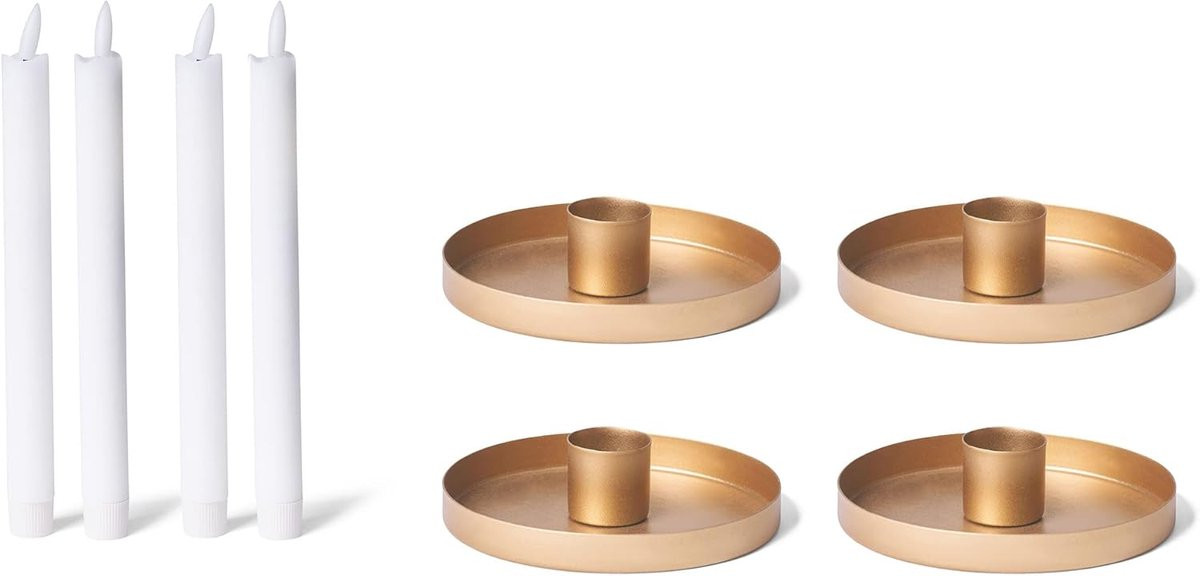 Novaliv Set van 4 Gouden Metalen Kaarsenhouders voor Taps toelopende Kaarsen met LED-kaarsen van Echte Wax
