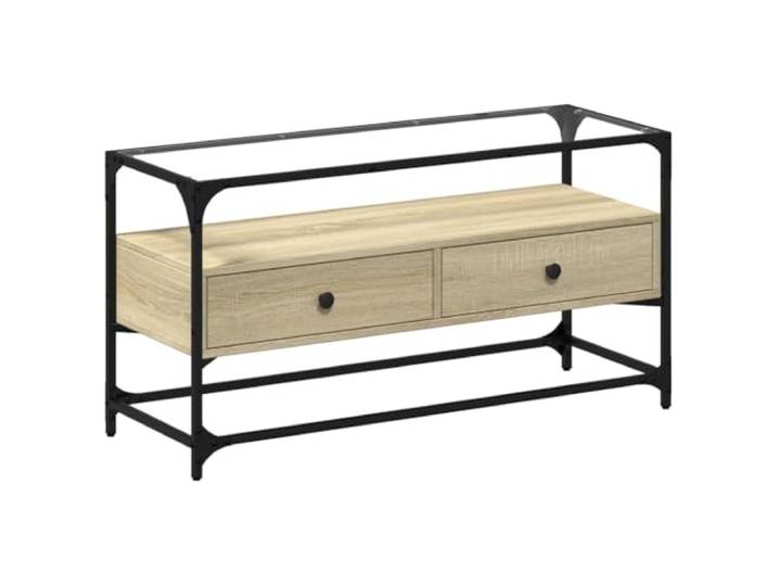 LKJephalotrope TV-Schrank Glas Sonoma-Eiche Metall 98x35x51 cm Industrieller Lowboard Beistellschrank für Wohnzimmer mit 2 Schubladen und Wandhalterung zur sicheren Kippsicherung.