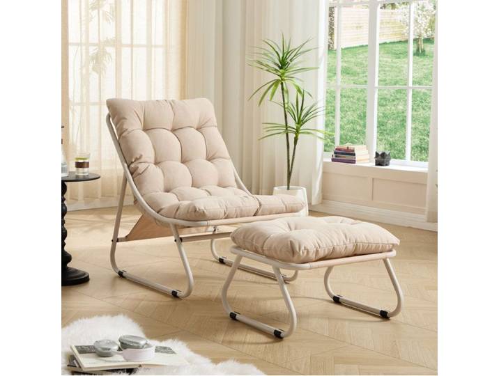 Fauteuil lounge moderne avec repose-pieds beige structure en acier coussins moelleux intérieur extérieur