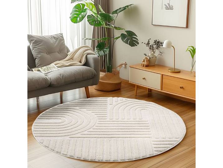 Carpetsale24 Tapis de Salon ou chambre en Crème 120 cm Rond style bohème scandinave avec effet haut-bas tapis décoratif