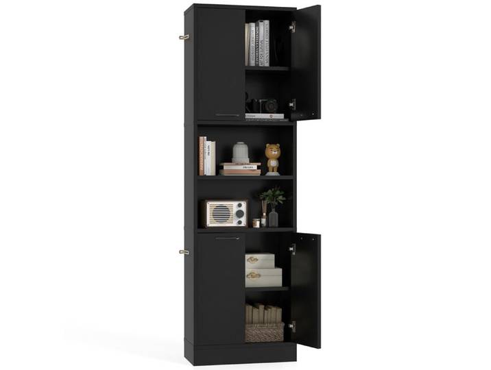 GOPLUS Buffet Haut de Cuisine 56x30x190CM avec 4 Portes 2 Compartiments Ouverts-Kits Anti-basculement-Armoire Autoportante-Noir