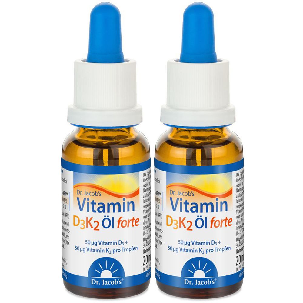 Dr. Jacob's Vitamin D3K2 Öl forte 2000 Ie/50 mcg D3+K2 hochdosiert 640 Tropfen Doppelpack 2x20 ml zum Einnehmen