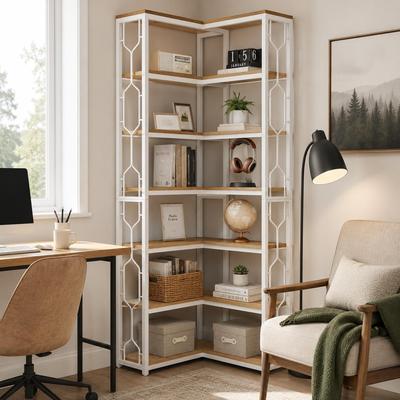 ROSE "7-Tier Corner Bookshelf, 78.7"" Tall Industrial Corner Shelf with Metal Frame, Space-Saving Corner Bookcase Display Rack"