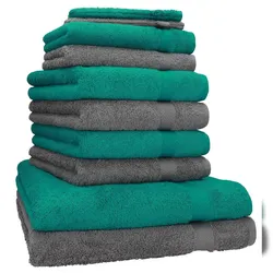 Betz 10-tlg. Handtuch-Set PREMIUM 100%Baumwolle 2 Duschtücher 4 Handtücher 2 Gästetücher 2 Waschhandschuhe Farbe Smaragd Grün & Anthrazit Grau