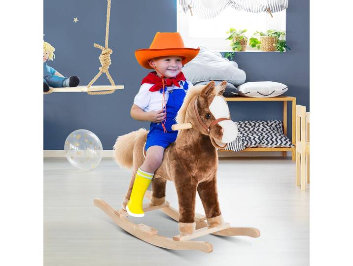 HOMCOM Cheval à Bascule Peluche Douce Bois Brun Blanc