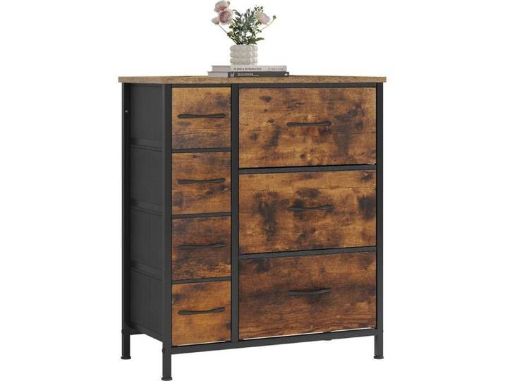 Commode WOLTU - 7 Tiroirs en Tissu - Cadre Métal - Bois d'Ingénierie - Marron Rustique+Noir