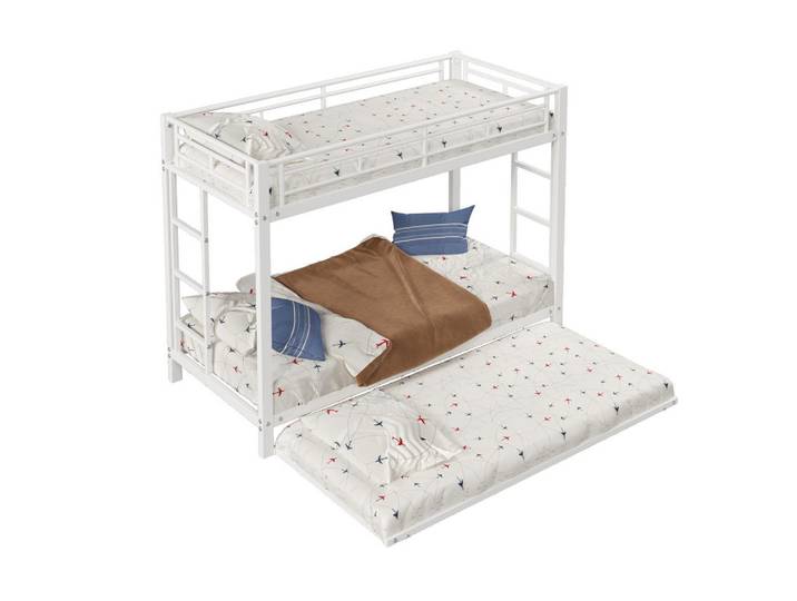 Okwish Etagenbett 90/200 cm Weiß mit ausziehbarem Rollbett und hohen Geländern, Metall, 90x200 cm, Babymöbel & Kindermöbel, Kinderzimmer & Jugendzimmer, Stockbetten