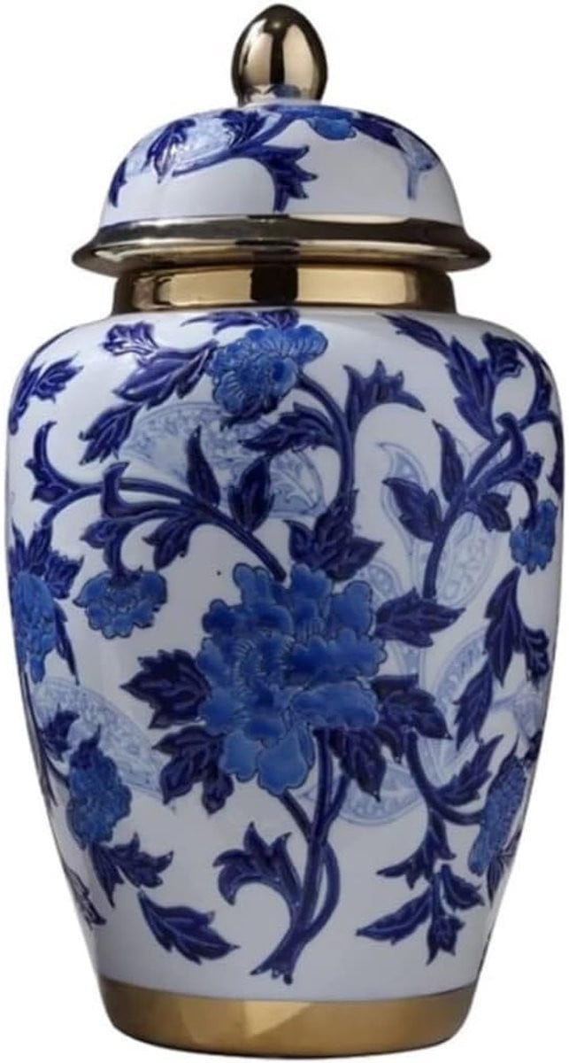 Blauw-witte keramische decoratieve vaas met gouden rand, 3500 gram