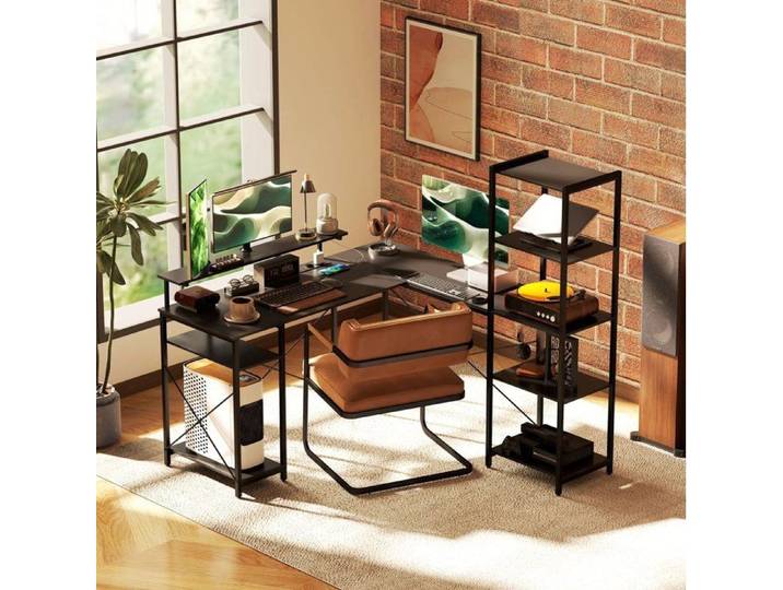 JOINERY Bureau informatique d angle en L 137 x 140 x 139 5 cm support ecran station de charge metal noir etageres rangement