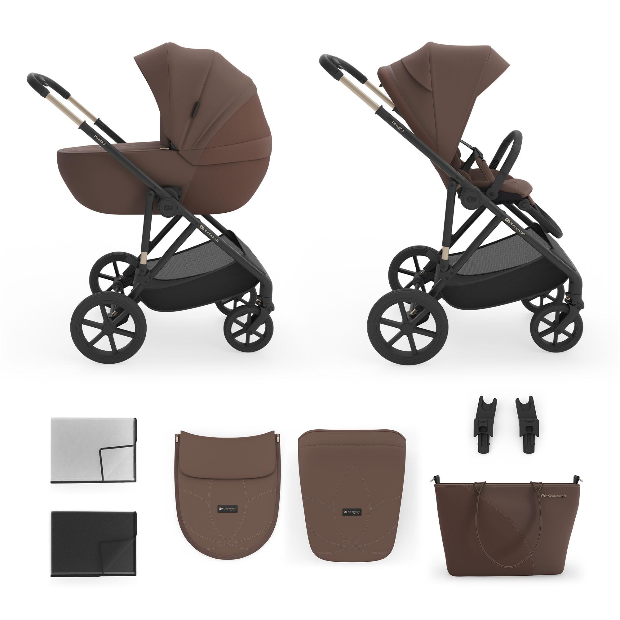 Kinderkraft PRIME 3 2-in-1 Kinderwagen Babywanne + Sportsitz, leicht, klappbar mit Sitz, große Räder, Federung, bis 22 kg, inkl, Braun