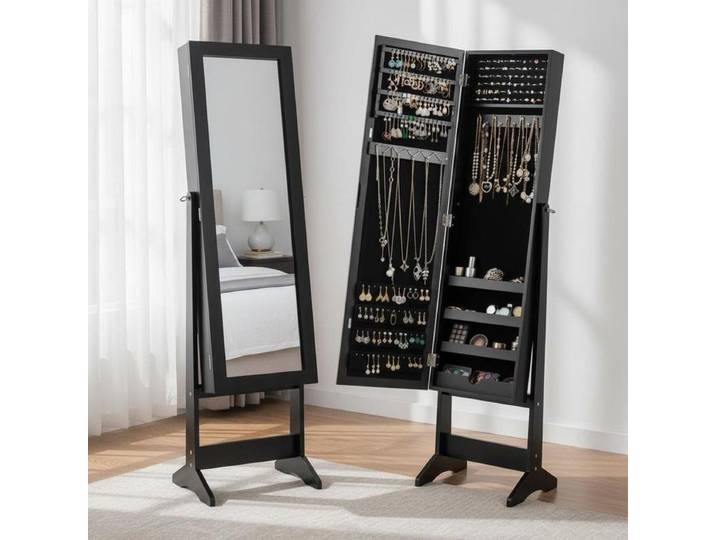 Nouvelle armoire à bijoux miroir avec organisateur et support pour bagues - Noir