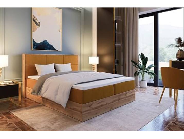 Marlux-Meble Boxspringbett 180x200 mit Matratze und Bettgestell - Polsterbett 180x200 mit Bett Kopfteil Matratzen Topper und Bettkasten (Leoni II, Honigfarbe)