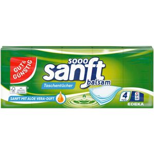 Gut&Günstig Taschentücher sooo sanft, Balsam, Päckchen, Zellstoff, 4-lagig, mit Aloe Vera, je 10 Tücher, 15 Päckchen