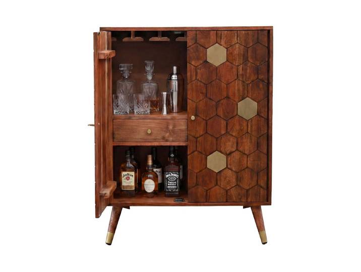 furnicato Barschrank Hausbar Echtholz 75x96x46 cm Dunkelbraun (1-St) Handgefertigtes Weinregal mit Magnetstopper und Gold-Akzenten