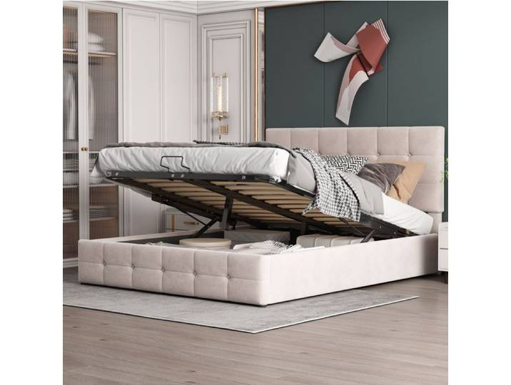 ULEVR lit coffre 140 x 200 cm avec sommier à lattes tête de lit réglable velours blanc crème