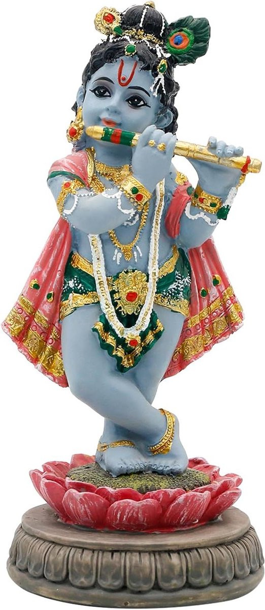 Handgeschilderd Krishna Beeldje - God Krishna Decoratie - Multicolor - Hoogte: 14.5 cm