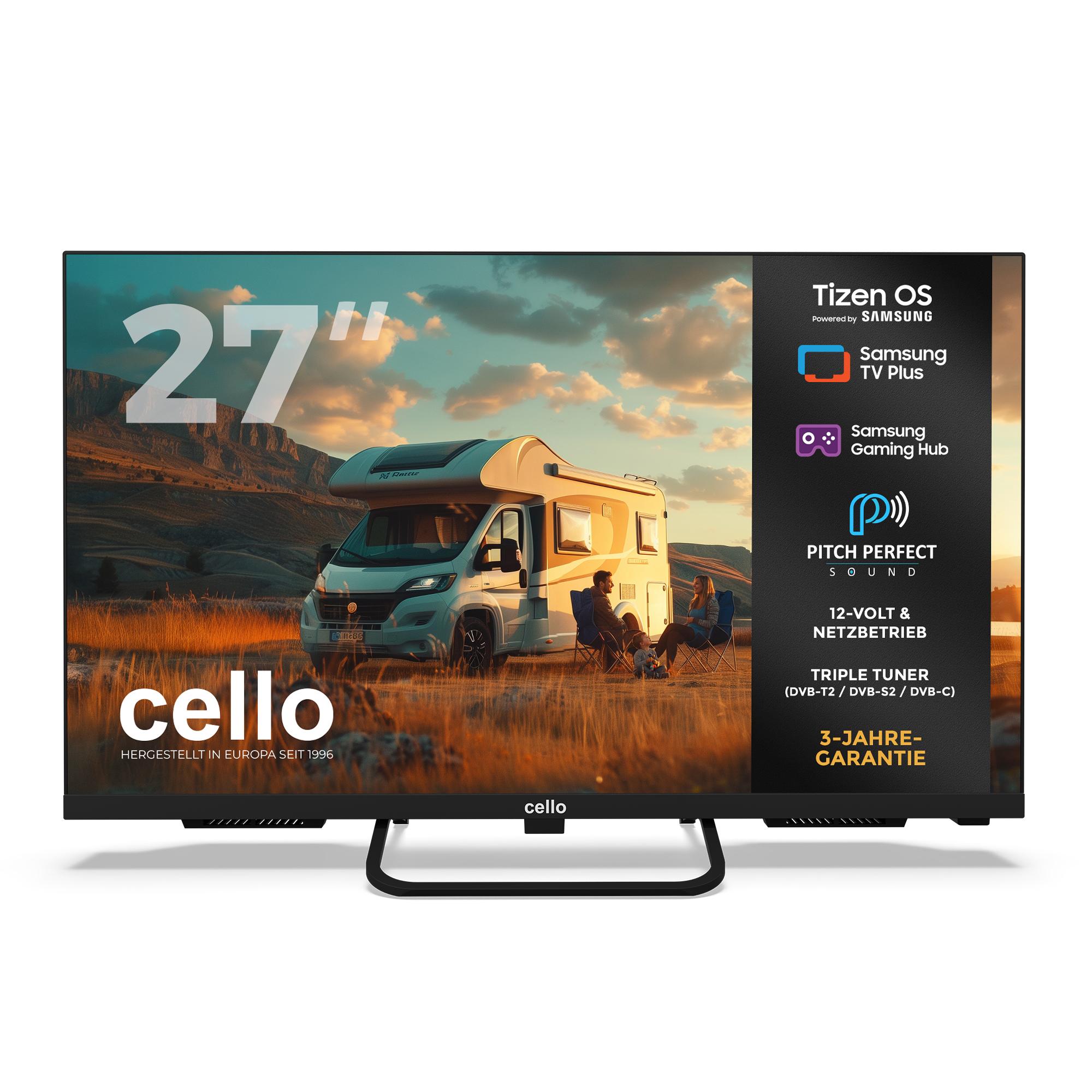 Cello 27" Smart Camping LED TV mit Tizen OS by Samsung, Triple Tuner, Pitch Perfect Sound, 12V/24V/230V Multispannung, ideal für Wohnmobil & Wohnwagen