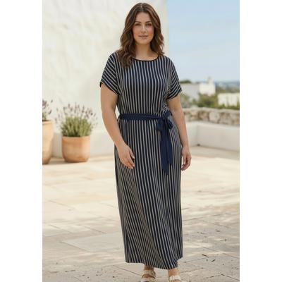 Maxikleid LAURA SCOTT CURVE "Große Größen", Damen, Gr. 46, N-Gr, blau (navy, beige), Single Jersey, Obermaterial: 95% Viskose, 5% Elasthan, gestreift, figurumspielend knöchellang, U-Boot-Ausschnitt, angeschnitten, Kleider Maxikleid, in modernem...