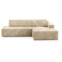 ECKSOFA TESSO R-S Beige Kordstoff mit Schlaffunktion