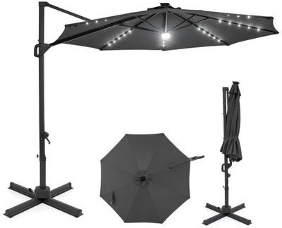 Costway 10 FT Cantilever Patio Umbrella with Solar LED Lights 360° Rotation-Gray