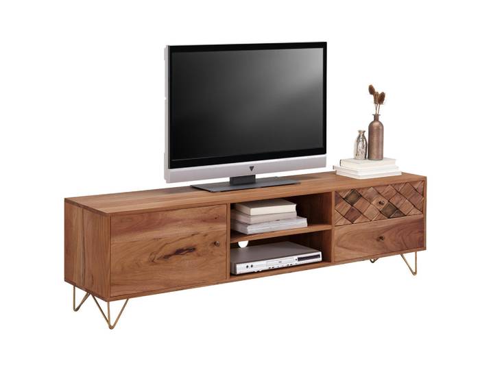 Ambia Home Lowboard, Naturfarben, Holz, Metall, Holzwerkstoff, Akazie, 2 Fächer, 2 Schublade(n) Schubladen, 160x45x35 cm, Wohnzimmer, TV Möbel, Lowboards