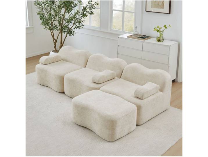 ELVORIN Canapé d angle modulable 3 places velours beige assise profonde pouf sans montage