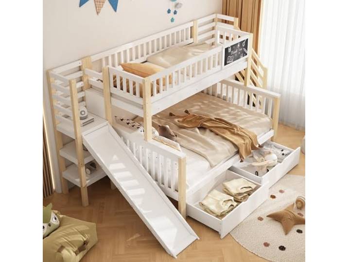 Merax Etagenbett 140x200 & 90x200 cm, Kinderbett mit Rutsche, Treppe, Multifunktionsbett mit Tafel, Kiefernholz, platzsparend, weiß (ohne Matratze)