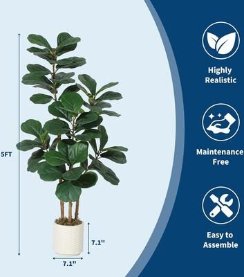 YUN 5 ft Faux Fiddle Leaf Fig Tree in White Planter