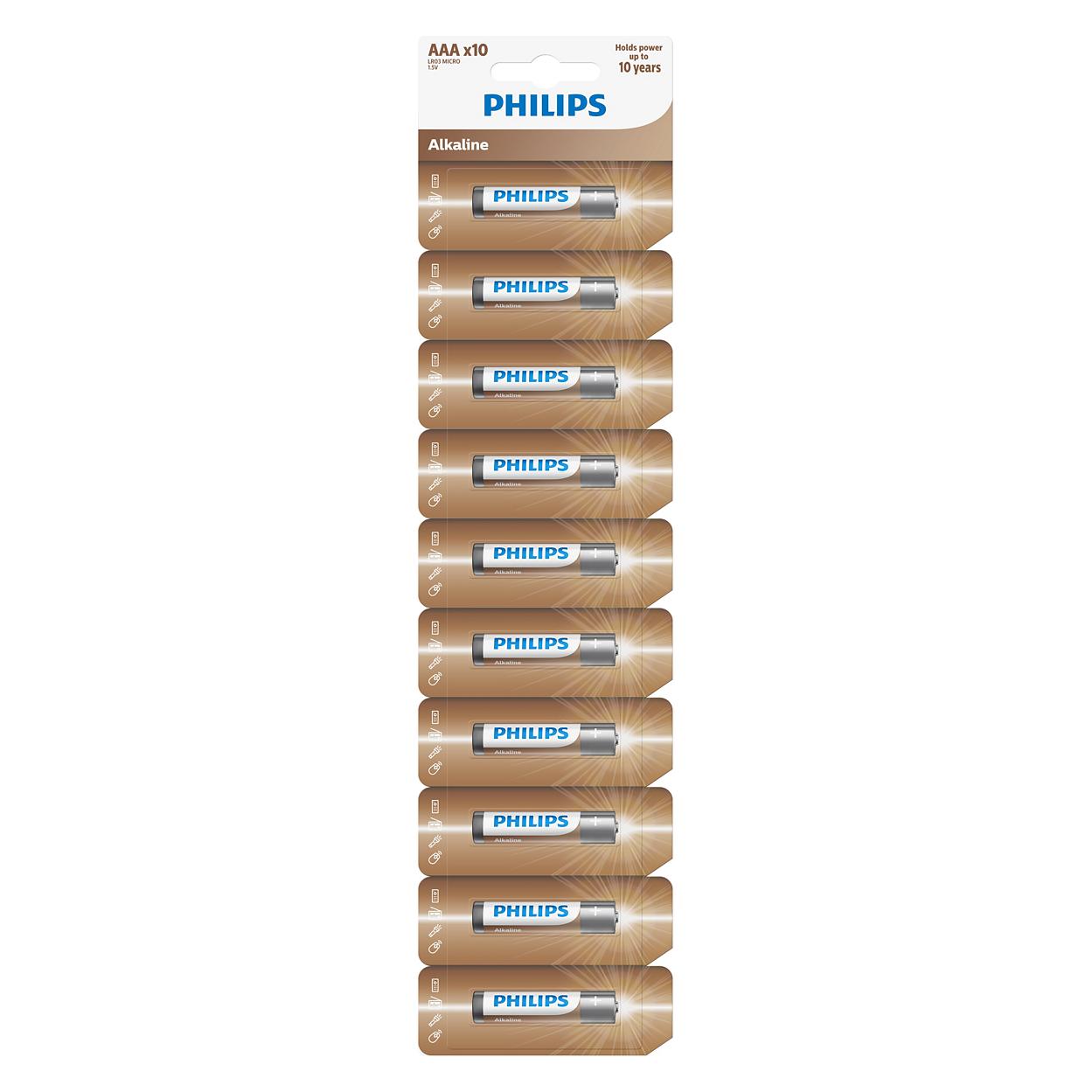 Philips Batterie AAA LR03 10pcs Blister Eintrag Alkaline (10 Stk., AAA) (LR03AL10S/10)