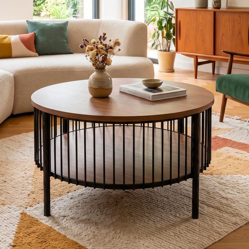 Menzzo Table basse ronde avec rangement l84cm bois et métal mareté noir Marron 84x42x84cm