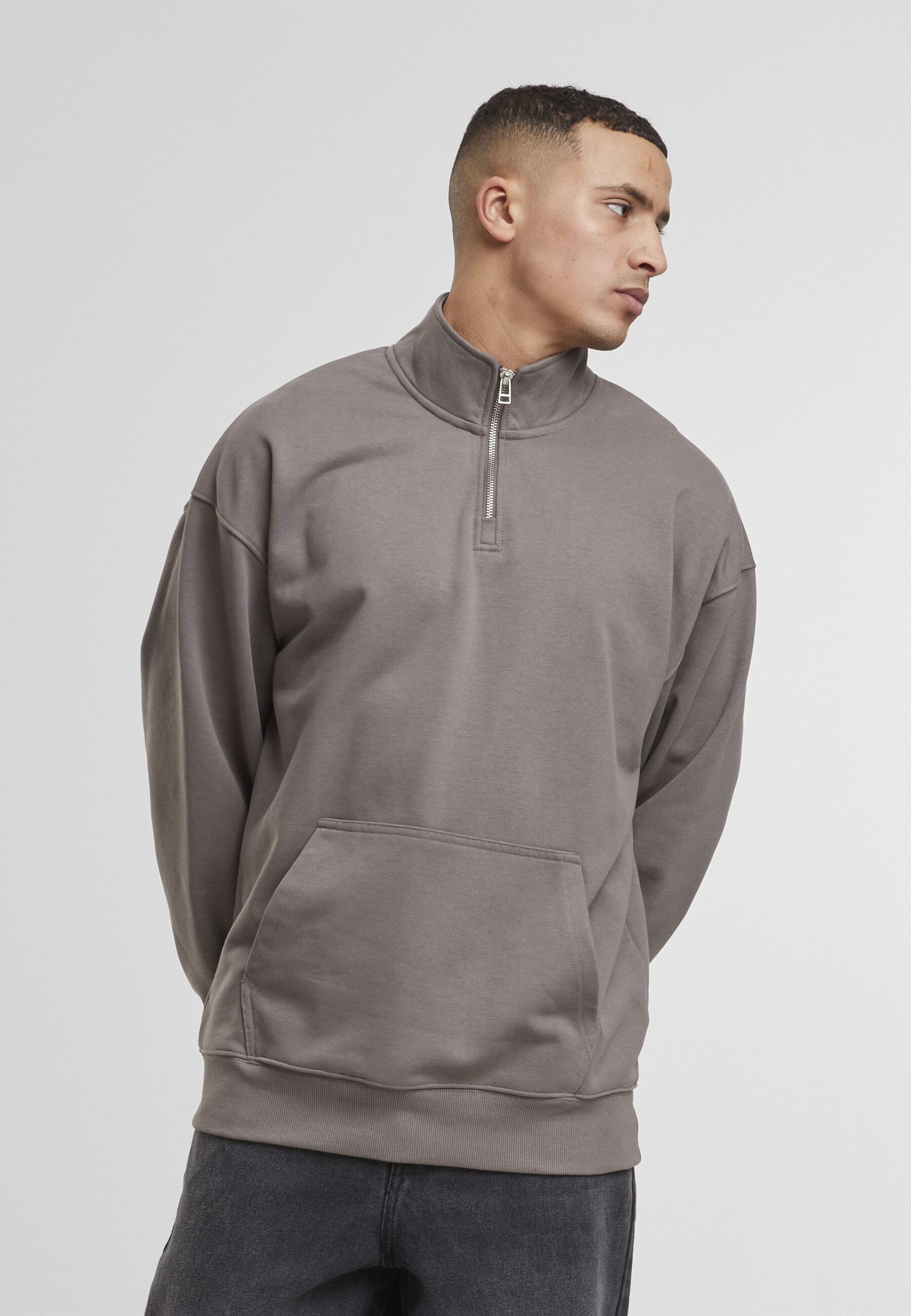 Sweater DEF "DEF DEF Zipper Crewneck", Herren, Gr. M, braun (tornado), 80% Baumwolle, 20% Polyester, unifarben, Rundhals, Sweatshirts Sweater