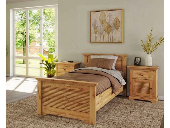 Bett GOODPRODUCT Rauna, Landhausstil, edles Design mit Lamellen und Kassetten, 2 Farben , beige (natur, natur, natur), B:105cm H:85cm L:206cm, Betten, Bett, FSC zertifiziertes Kieferholz, massive Qualität mit Lattenrost