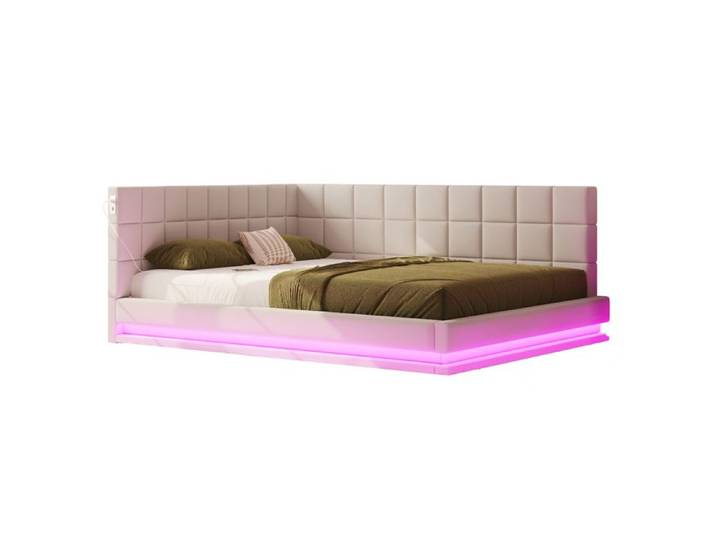 VLIVRA Lit Banquette Lit Double avec LED Réglable et USB 160×200 cm sans Matelas en Lin Beige