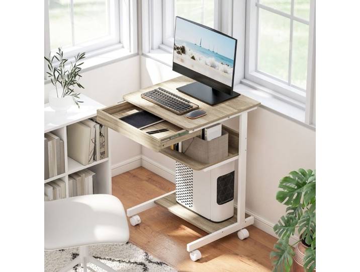 Bureau informatique - ZEVKOR - Bureau informatique compact - Tiroir coulissant - 2 étagères - Chêne clair & métal blanc