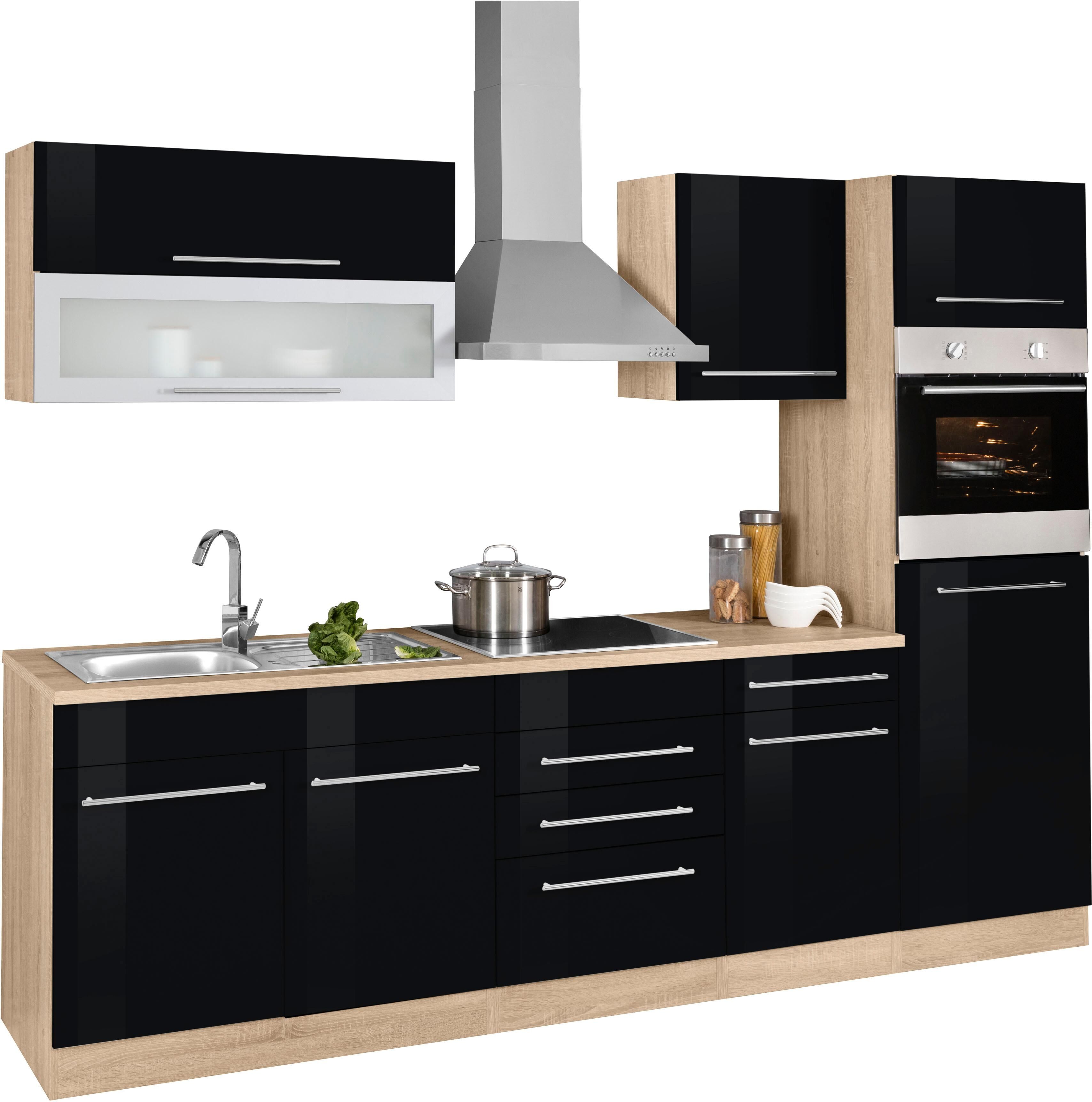 Küchenzeile KOCHSTATION "KS-Eton", schwarz (küche: schwarz, korpus: eichefarben, arbeitsplatte: eichefarben), B:270cm T:60cm, Komplettküchen-Sets, Küchenzeile, ohne E-Geräte, Breite 270 cm küche: schwarz, korpus: eichefarben, arbeitsplatte: eichefarben B/