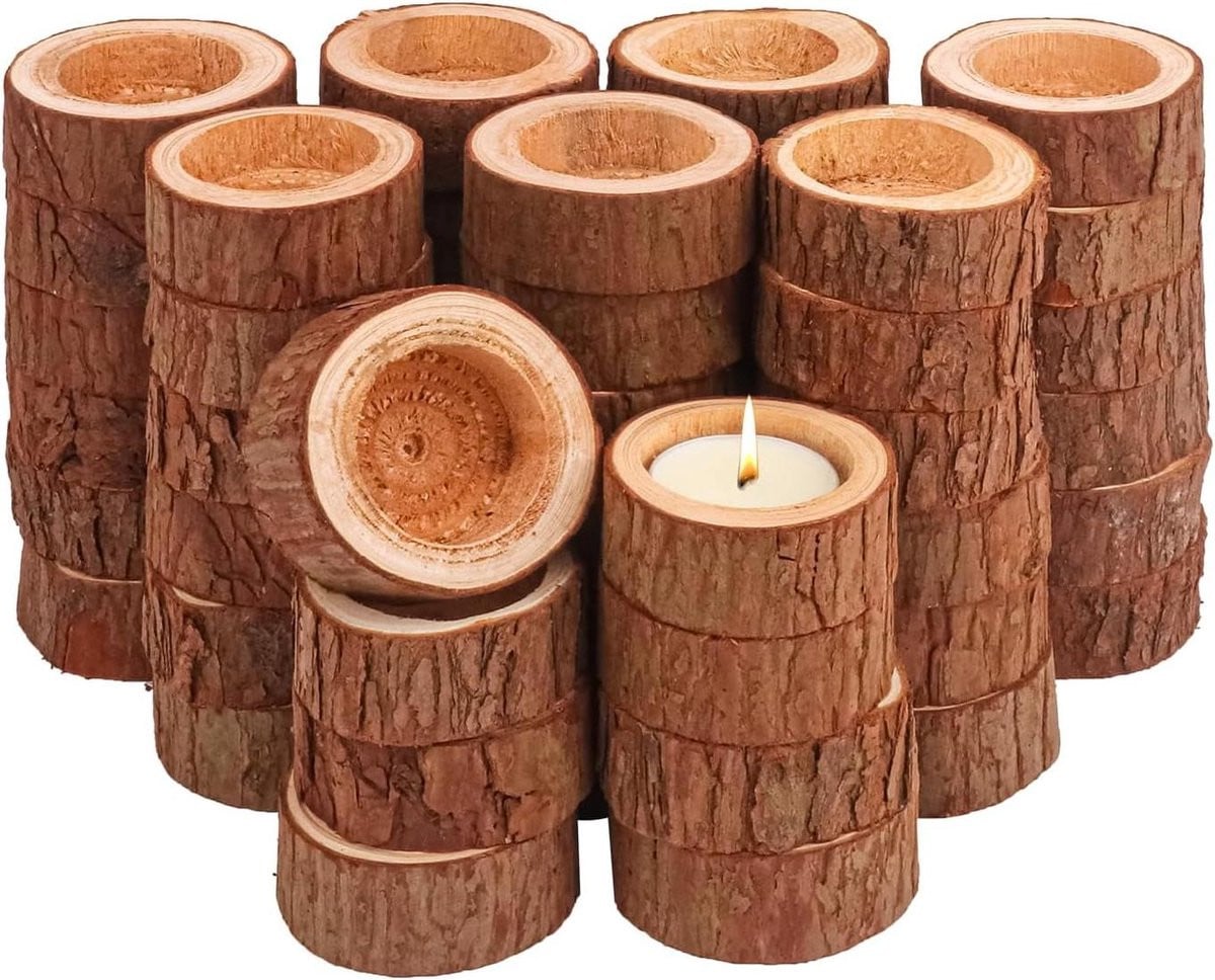 Set van 50 natuurlijke houten waxinelichthouders voor sfeervolle decoratie
