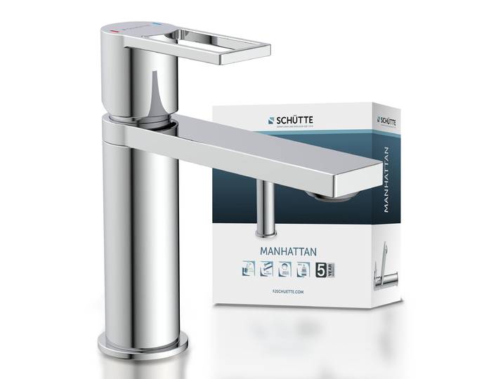 Waschtischarmatur MANHATTAN, Wasserhahn Bad mit Ablaufgarnitur, Pop Up Abflussstopfen, Mischbatterie Waschbecken Chrom