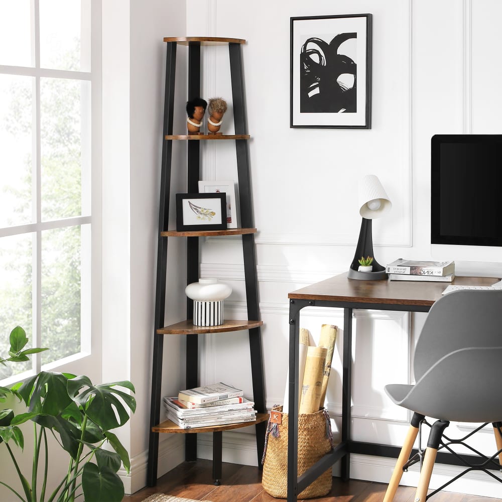 VASAGLE Bibliothèque 5 niveaux cadre en acier d'angle taupe et noir Marron 33x159x34cm