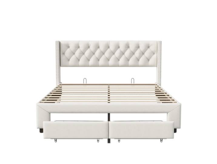 Shopentra Polsterbett 140x190 cm Beige Samt LED USB Schublade, Holz, 140x190 cm, Schlafzimmer, Betten, Polsterbetten