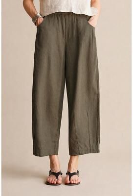 LightInthebox Women's 100% Linen Vacation Basic Ankle-Length Mid Waist Plain Breathable Inelastic Daily Flaxen gray-green White Spring Loose Fit