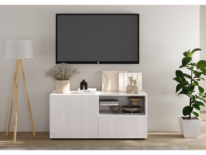 TV-Lowboard Rio Front: MDF Mitteldichte Holzfaserplatte , lackiert Korpus: Spanplatte, lackiert Weiß/Hochglanz Weiß 121cm