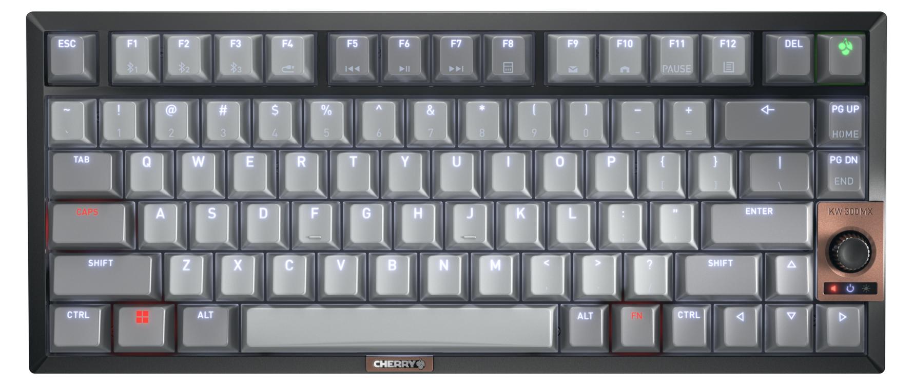 CHERRY KW 300 MX, Verkabelt & Kabellos, USB + Bluetooth, Mechanischer Switch, QWERTY, LED, Schwarz, Kupfer, Grau